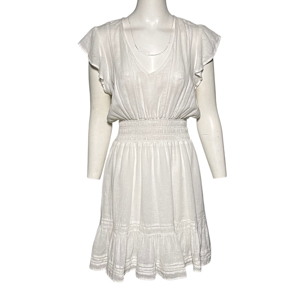 Rails Tara White Linen Blend Lace Detail Smocked Mini Dress Size L Gauzy Airy